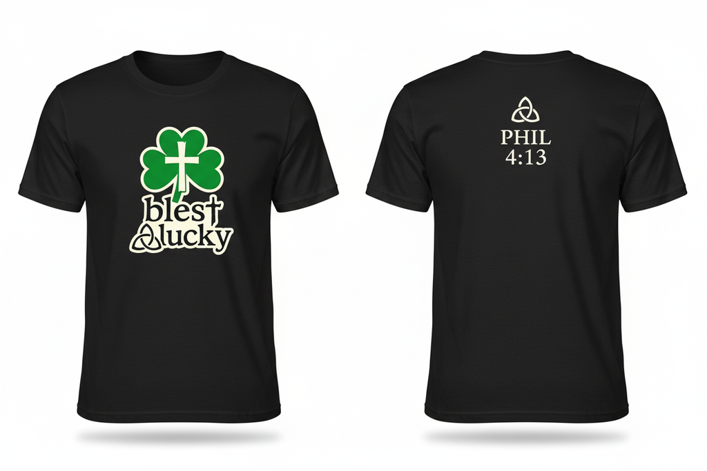 Black t-shirt - Blest & Lucky logo on chest, trinity knot + PHIL 4:13 centered on back