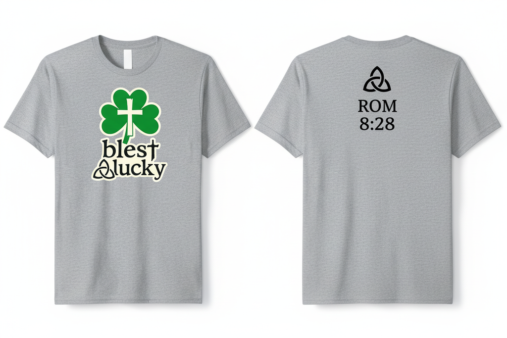 Gray t-shirt - Blest & Lucky logo on chest, trinity knot + ROM 8:28 centered on back