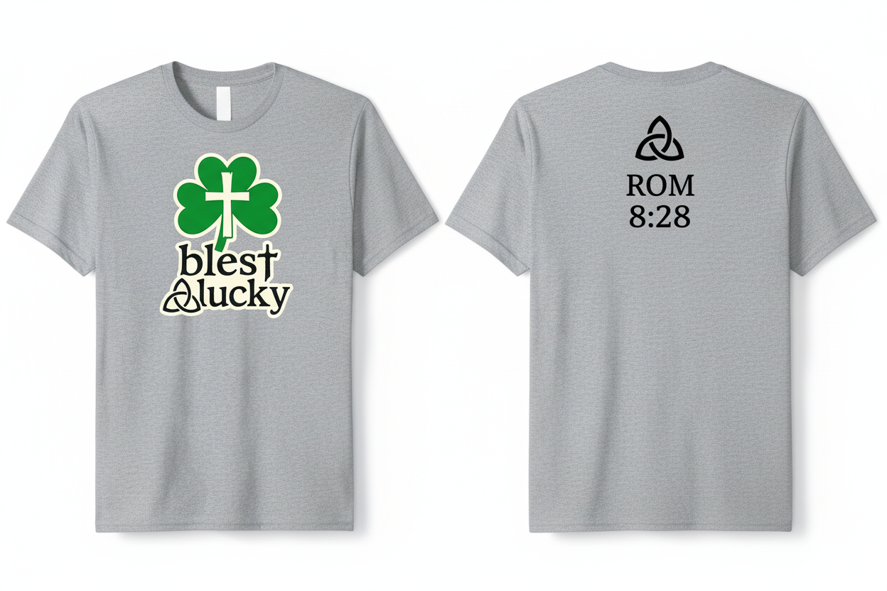 Gray t-shirt - Blest & Lucky logo on chest, trinity knot + ROM 8:28 centered on back
