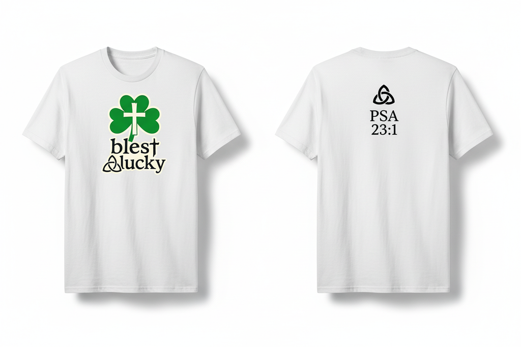 White t-shirt - Blest & Lucky logo on chest, trinity knot + PSA 23:1 centered on back
