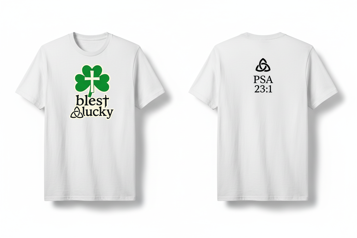 White t-shirt - Blest & Lucky logo on chest, trinity knot + PSA 23:1 centered on back